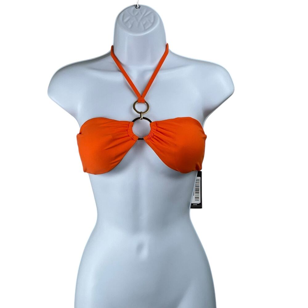 PrettyLittleThing Orange Center O-Ring Halter Tie Neck Bikini Top Swimwear 2 NWT
